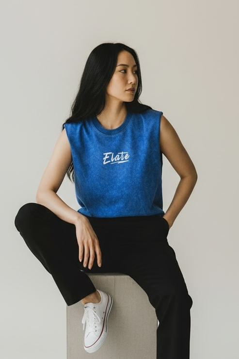 ELATE signature Acid-Wash oversized sleeveless tank- ROYAL BLUE| 240 GSM French Terry Cotton