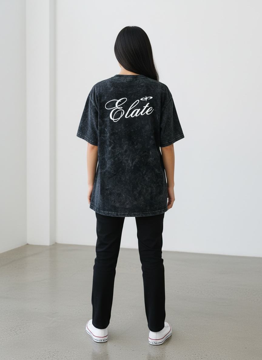 ELATE Signature Acid-wash oversized tee| BLACK | 240GSM French Terry Cotton.
