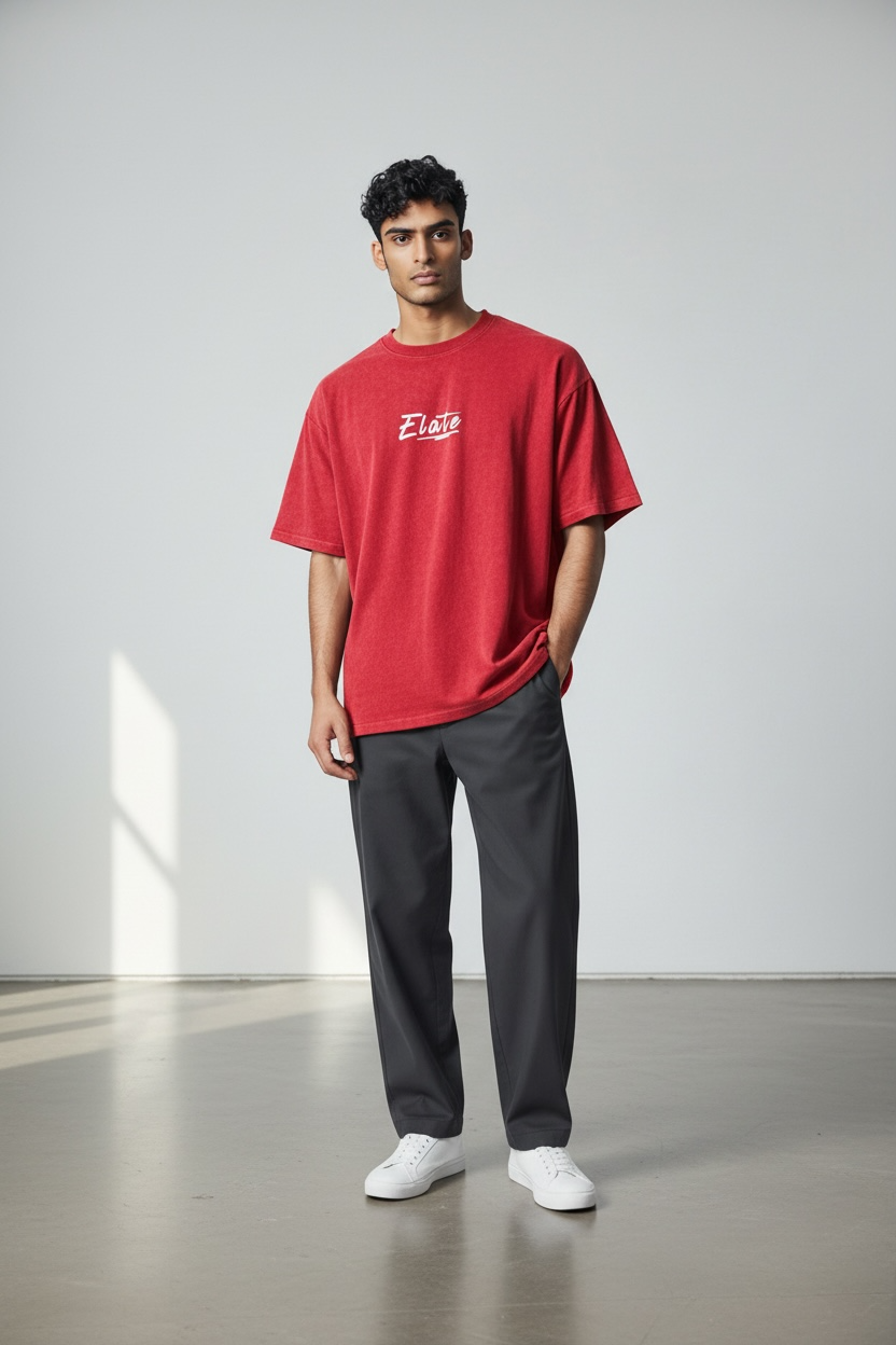 ELATE Signature Acid-wash oversized Tee | RED | 240GSM French Terry Cotton