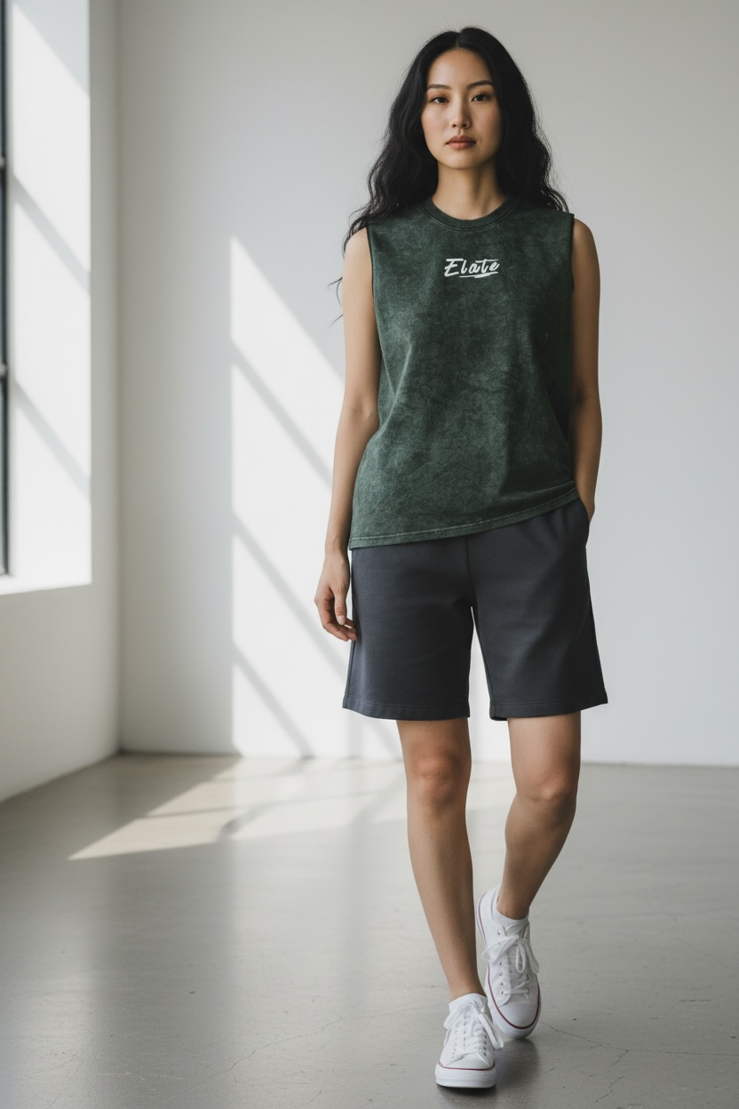 ELATE Signature Acid-wash Tanks| BOTTLE GREEN| 240GSM French Terry Cotton