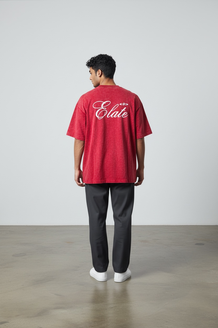 ELATE Signature Acid-wash oversized Tee | RED | 240GSM French Terry Cotton