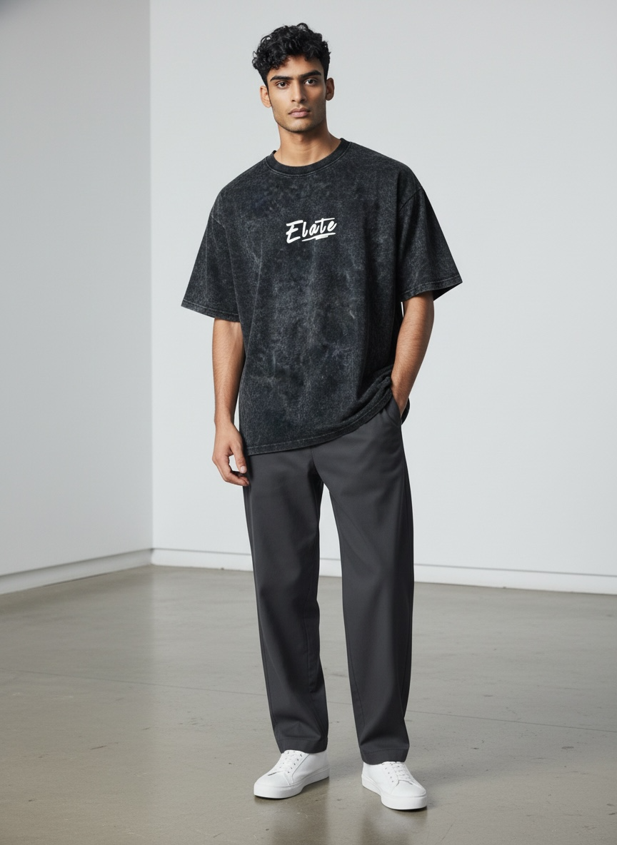 ELATE Signature Acid-wash oversized tee| BLACK | 240GSM French Terry Cotton.