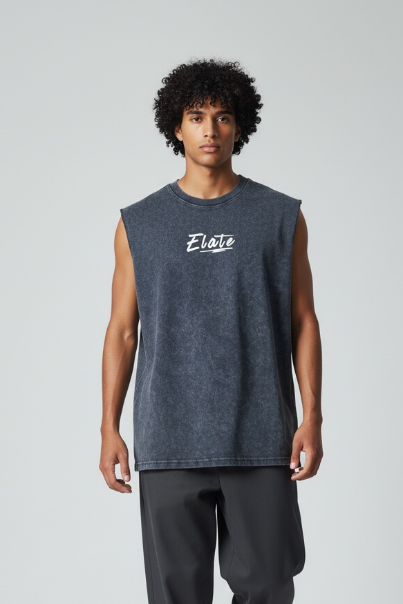 ELATE Signature Acid-Wash Sleeveless Tank –DARK GREY| 240 GSM French Terry Cotton