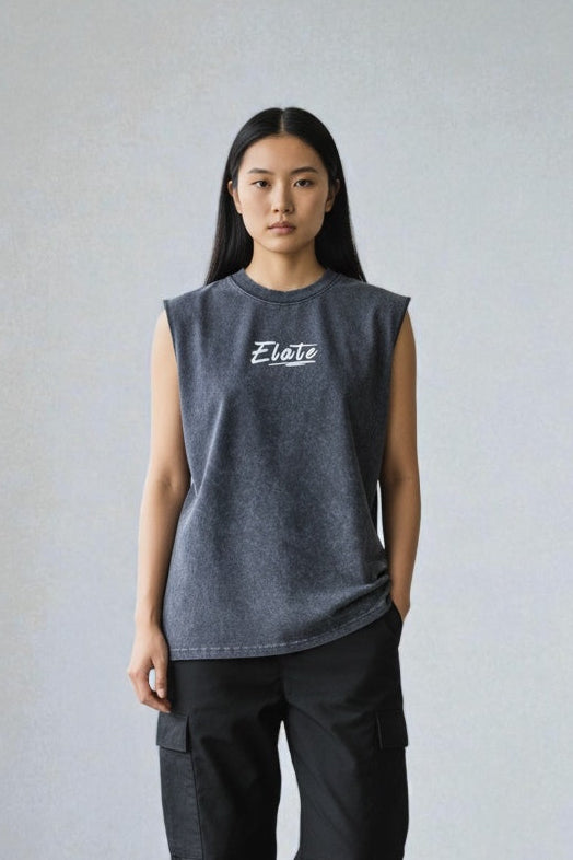 ELATE Signature Acid-Wash Sleeveless Tank –DARK GREY| 240 GSM French Terry Cotton