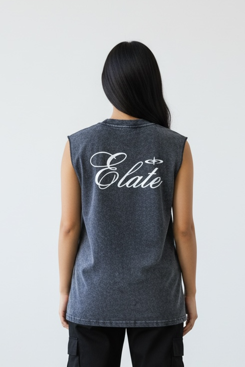 ELATE Signature Acid-Wash Sleeveless Tank –DARK GREY| 240 GSM French Terry Cotton