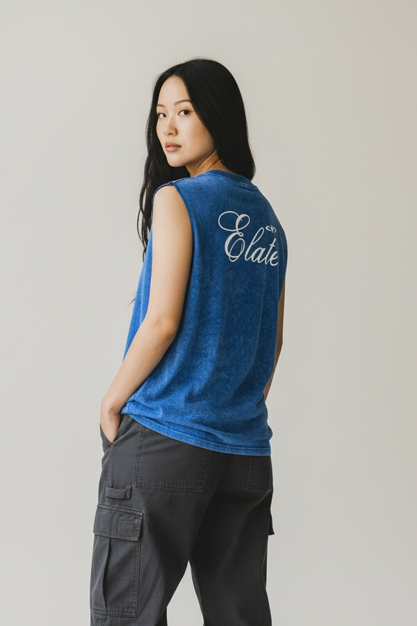 ELATE signature Acid-Wash oversized sleeveless tank- ROYAL BLUE| 240 GSM French Terry Cotton