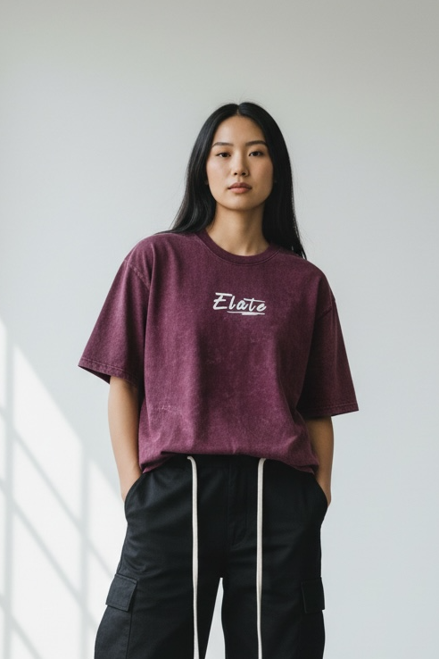 ELATE signature Acid washed tees| MAROON |240GSM French Terry Cotton