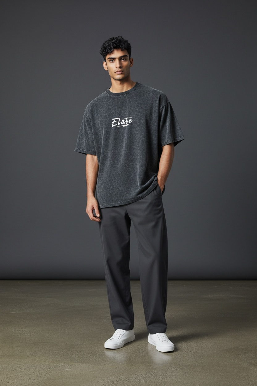 ELATE Signature Acid-wash oversized Tee | DARK GREY| 240GSM French Terry Cotton