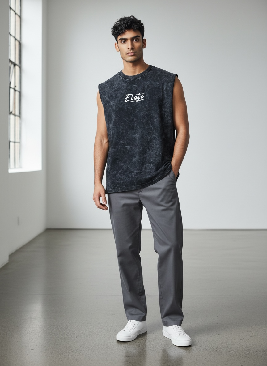 ELATE Signature Acid-wash Tanks| BLACK| 240GSM French Terry Cotton